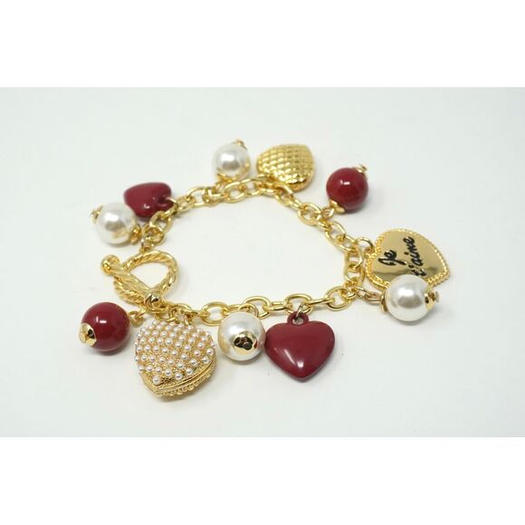 Talbots Je T'aime Charm Bracelet Gold Tone Red & Gold Hearts Pearls Toggle Clasp - Picture 2 of 3
